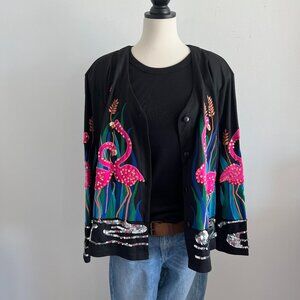 HJM Resort, Vintage 1980's, Black Cardigan with Flamingo embellishment, Size L